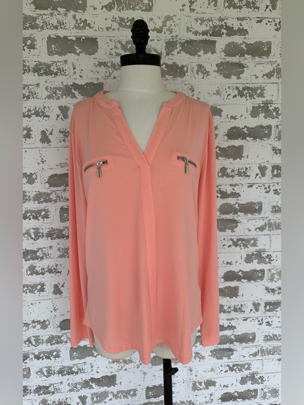 INC International Concepts Light Coral V-Neck Blouse with Zip Pockets Size M